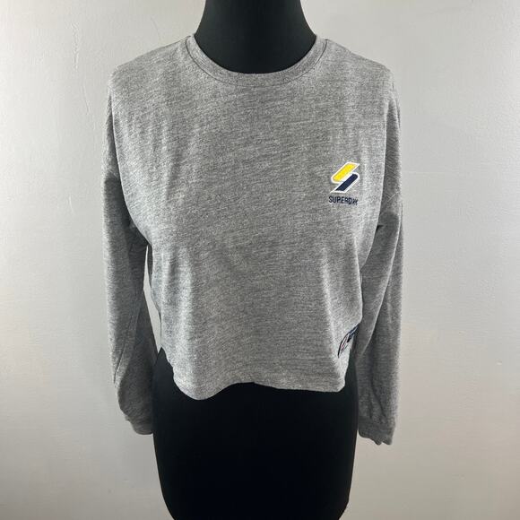 SUPERDRY Gray Sportstyle Essential Crop Top Cotton Ribbed Cuffs Crew Neck Size 4 - Picture 2 of 11